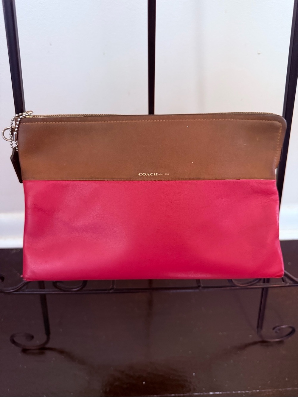 Coach Brown and Pink Leather Wristlet Clutch